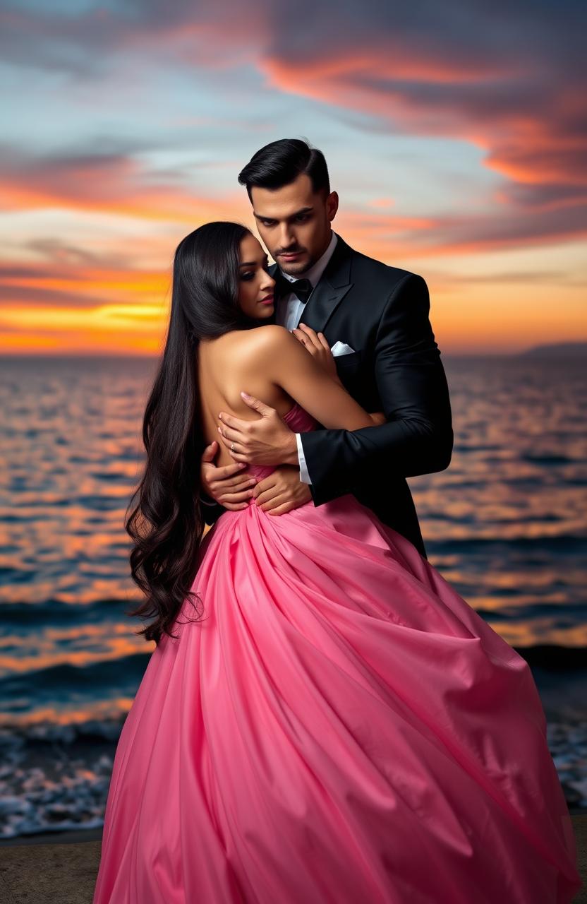 A romantic scene set against a stunning backdrop of a tranquil sea at sunset