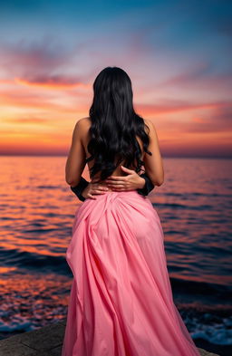 A romantic scene set against a stunning backdrop of a tranquil sea at sunset