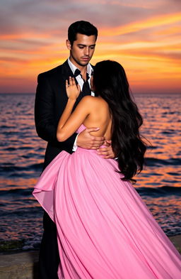 A romantic scene set against a stunning backdrop of a tranquil sea at sunset