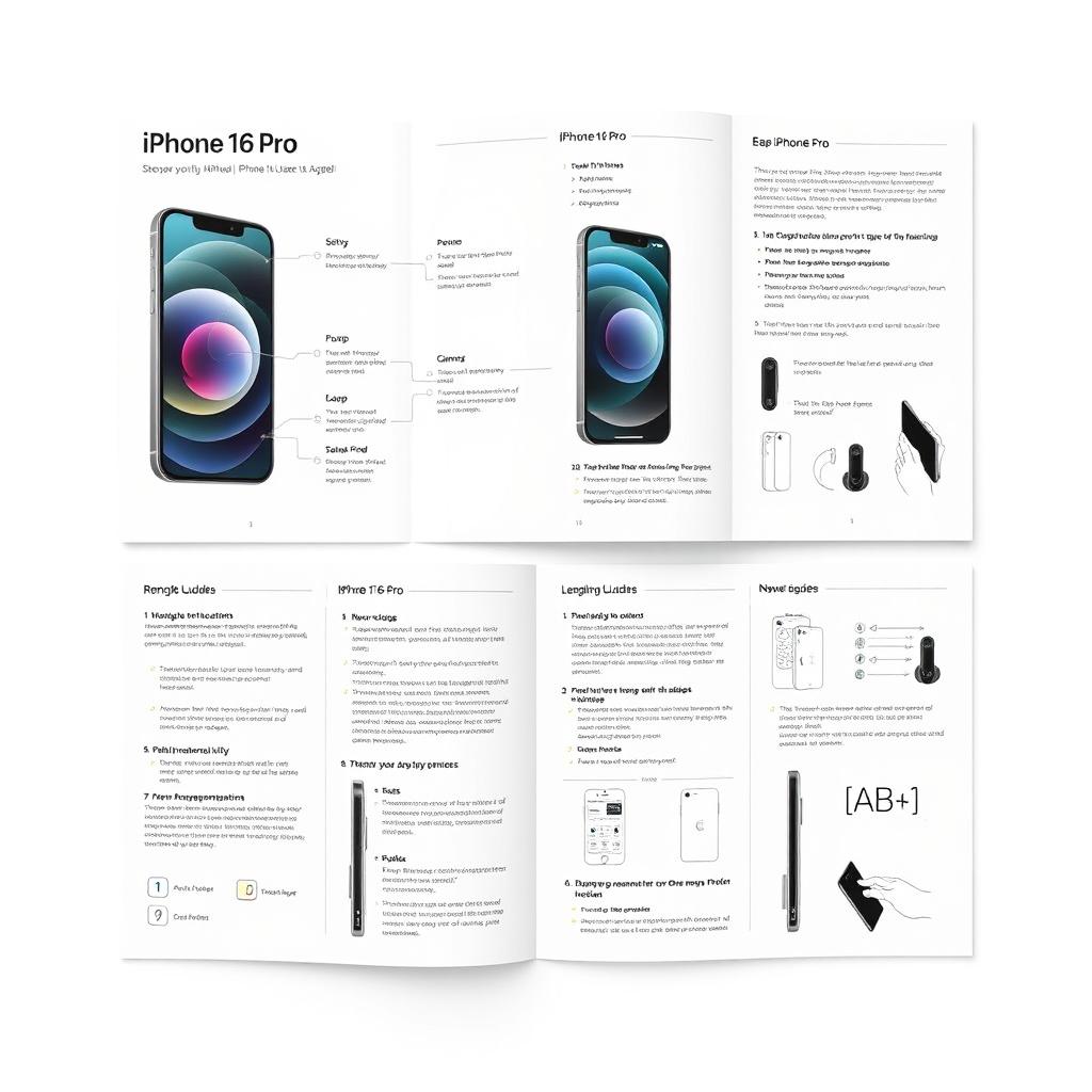 An instructional and visually engaging user manual for the iPhone 16 Pro designed by David Benson, featuring detailed illustrations and diagrams