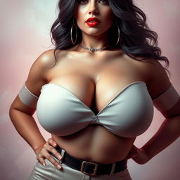 A sensual and artistic portrayal of a woman with large breasts, confidently showcasing her figure