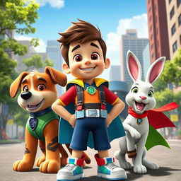 A vibrant and dynamic scene featuring Doug and his powerful pet patrol team