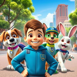 A vibrant and dynamic scene featuring Doug and his powerful pet patrol team