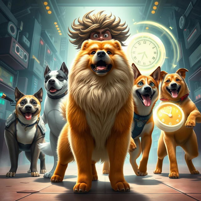 A thrilling scene featuring Doug, a majestic Chow Chow mixed with Poodle, leading a heroic team of super-dogs