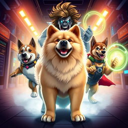 A thrilling scene featuring Doug, a majestic Chow Chow mixed with Poodle, leading a heroic team of super-dogs