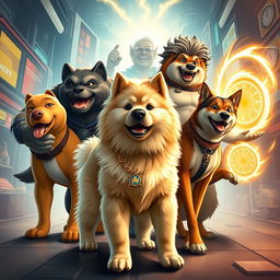 A thrilling scene featuring Doug, a majestic Chow Chow mixed with Poodle, leading a heroic team of super-dogs