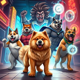 A thrilling scene featuring Doug, a majestic Chow Chow mixed with Poodle, leading a heroic team of super-dogs