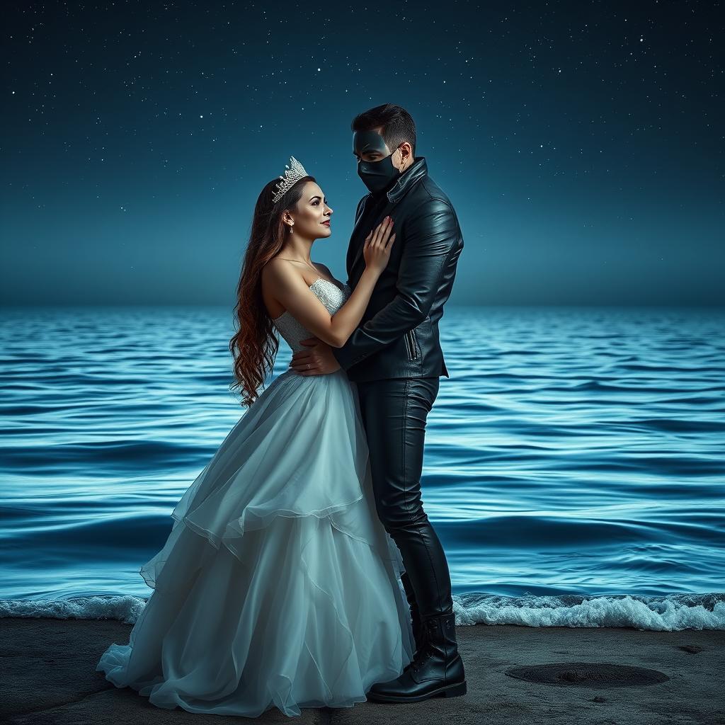 A romantic and mystical scene set against a serene sea at night, illuminated by a starry sky