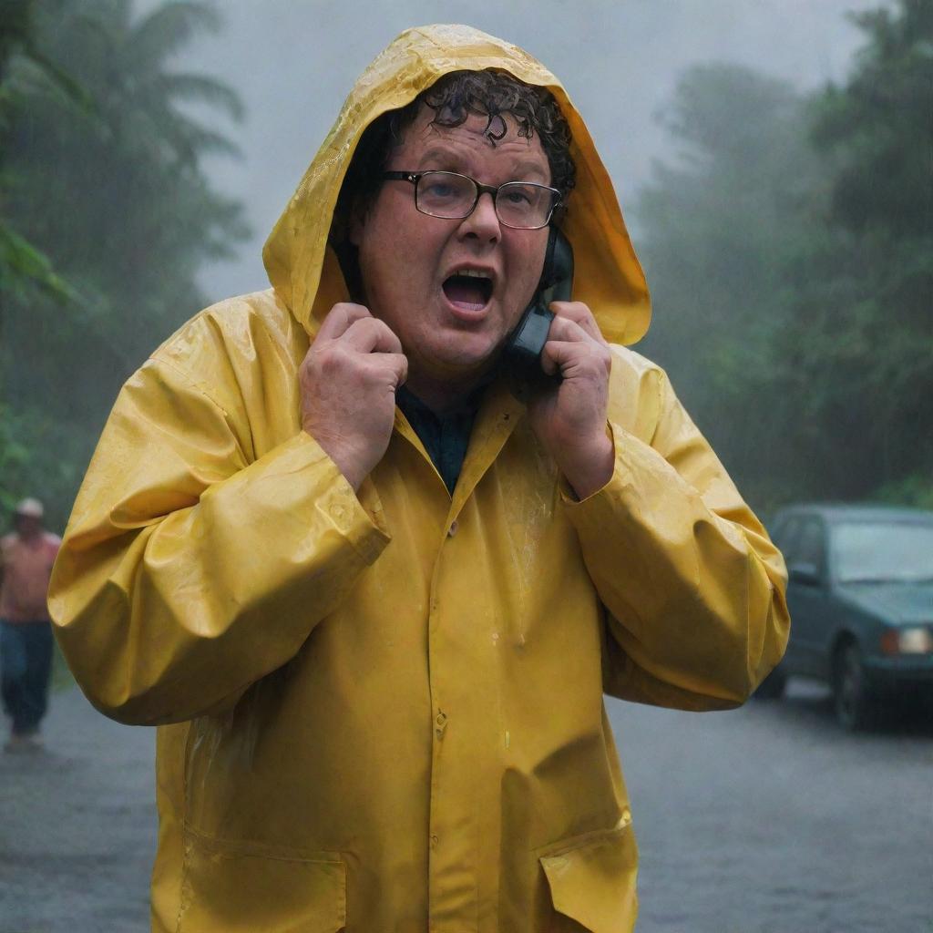 Depict an intense scene where Dennis Nedry, wearing his bright yellow raincoat, braves the storm to make a phone call amidst the chaos of Isla Nublar. His alarmed expression enhances the sense of urgency and concern.