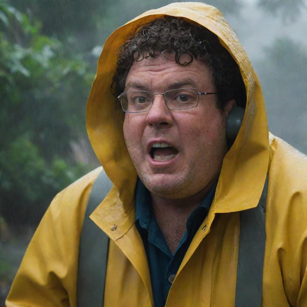 Depict an intense scene where Dennis Nedry, wearing his bright yellow raincoat, braves the storm to make a phone call amidst the chaos of Isla Nublar. His alarmed expression enhances the sense of urgency and concern.