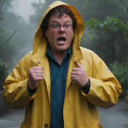 Depict an intense scene where Dennis Nedry, wearing his bright yellow raincoat, braves the storm to make a phone call amidst the chaos of Isla Nublar. His alarmed expression enhances the sense of urgency and concern.