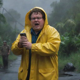 Depict an intense scene where Dennis Nedry, wearing his bright yellow raincoat, braves the storm to make a phone call amidst the chaos of Isla Nublar. His alarmed expression enhances the sense of urgency and concern.