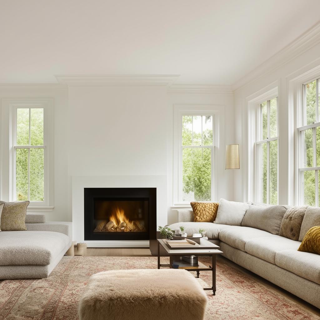 A rectangular living room where a TV unit confronts an L-shaped couch. The room showcases corner windows adjacent to a cozy fireplace, welcoming in plentiful natural light. A large, plush chair is present nearby the warmth.