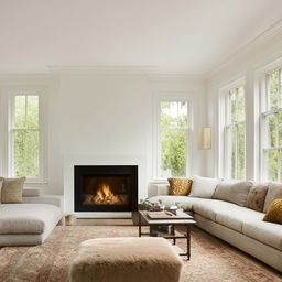 A rectangular living room where a TV unit confronts an L-shaped couch. The room showcases corner windows adjacent to a cozy fireplace, welcoming in plentiful natural light. A large, plush chair is present nearby the warmth.