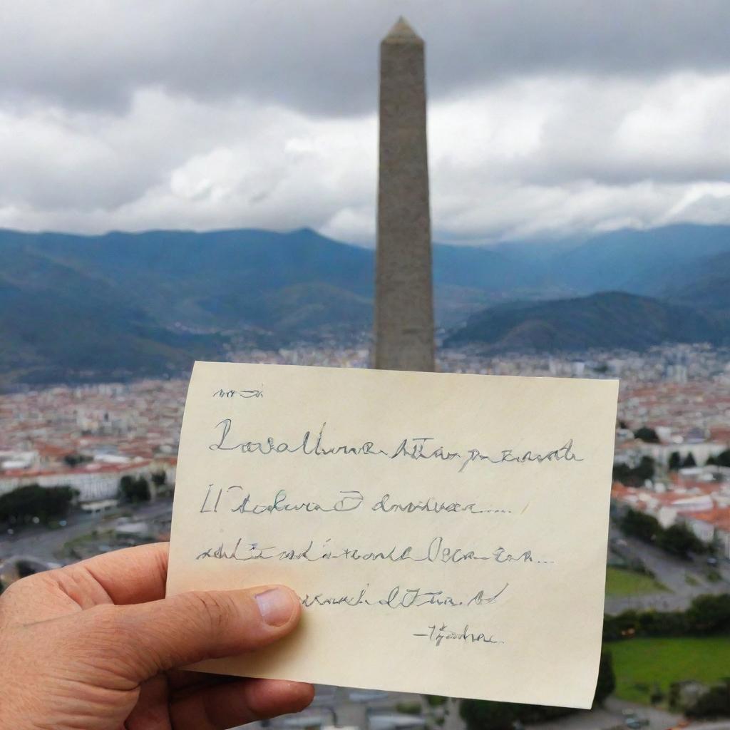 A piece of paper with the written phrase 'Nata, el amor que Sergio siente por ti es tan grande que llegó hasta Ecuador', with the monument 'Mitad del Mundo' in Quito, Ecuador as the backdrop.