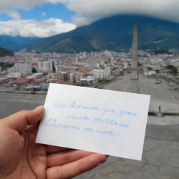 A piece of paper with the written phrase 'Nata, el amor que Sergio siente por ti es tan grande que llegó hasta Ecuador', with the monument 'Mitad del Mundo' in Quito, Ecuador as the backdrop.