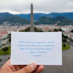 A piece of paper with the written phrase 'Nata, el amor que Sergio siente por ti es tan grande que llegó hasta Ecuador', with the monument 'Mitad del Mundo' in Quito, Ecuador as the backdrop.