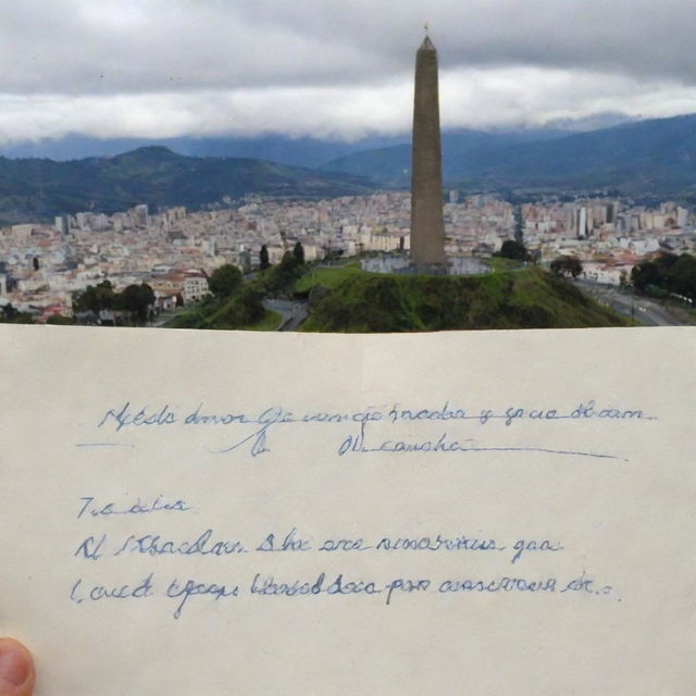 A piece of paper with the written phrase 'Nata, el amor que Sergio siente por ti es tan grande que llegó hasta Ecuador', with the monument 'Mitad del Mundo' in Quito, Ecuador as the backdrop.