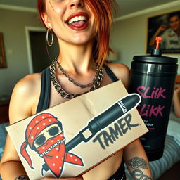 A close-up torso shot of a sexy redhead female wearing a tank top adorned with punk chains