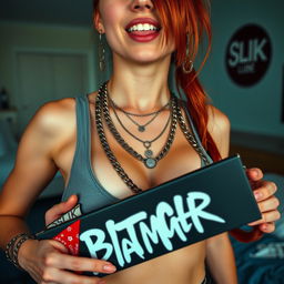 A close-up torso shot of a sexy redhead female wearing a tank top adorned with punk chains