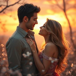 A romantic scene depicting two lovers in an enchanting environment, illuminated by soft, warm light