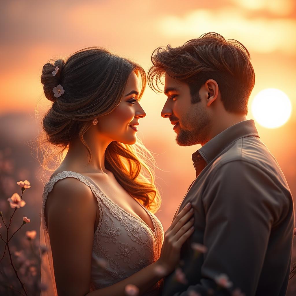 A romantic scene depicting two lovers in an enchanting environment, illuminated by soft, warm light