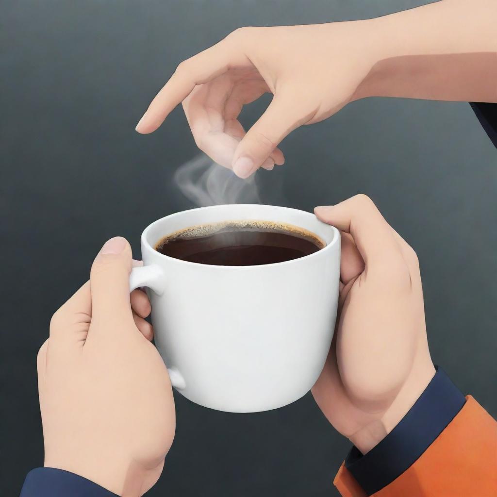 Naruto's hand holding a steaming cup of coffee