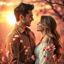 A romantic scene depicting two lovers in an enchanting environment, illuminated by soft, warm light