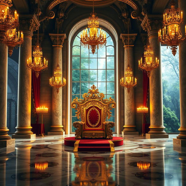 A majestic royal throne room, featuring an intricately designed throne made of gold and adorned with precious jewels