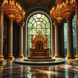 A majestic royal throne room, featuring an intricately designed throne made of gold and adorned with precious jewels