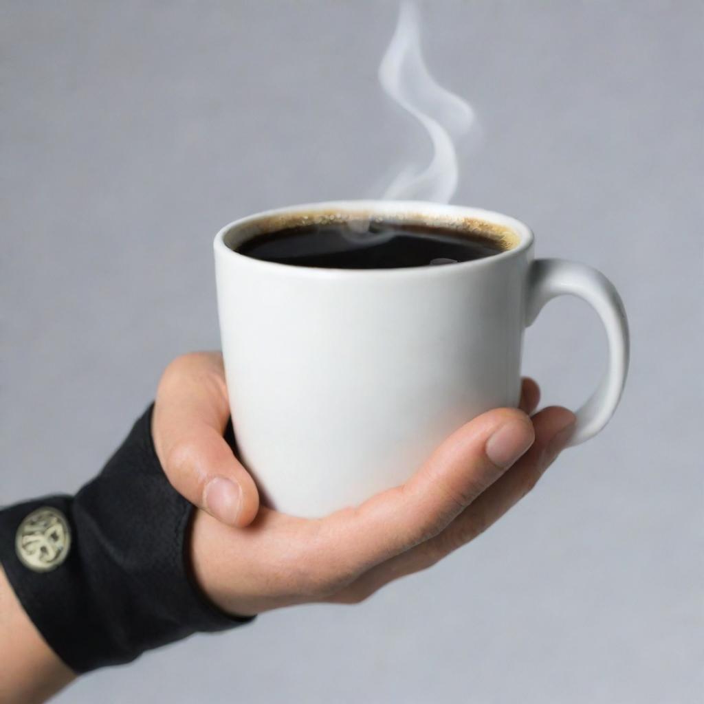 Naruto's hand holding a steaming cup of coffee