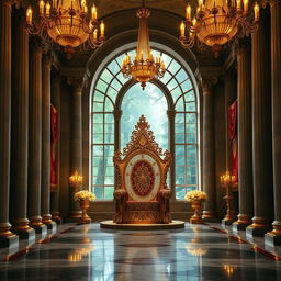 A majestic royal throne room, featuring an intricately designed throne made of gold and adorned with precious jewels