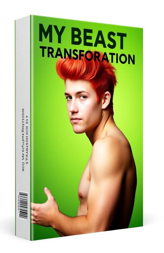 A green book cover featuring a young man with fiery red hair styled in a trendy way, showing the left side of his body with a sly and confident smile