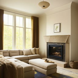 A rectangular living room where a TV unit confronts an L-shaped couch. The room showcases corner windows adjacent to a cozy fireplace, welcoming in plentiful natural light. A large, plush chair is present nearby the warmth.