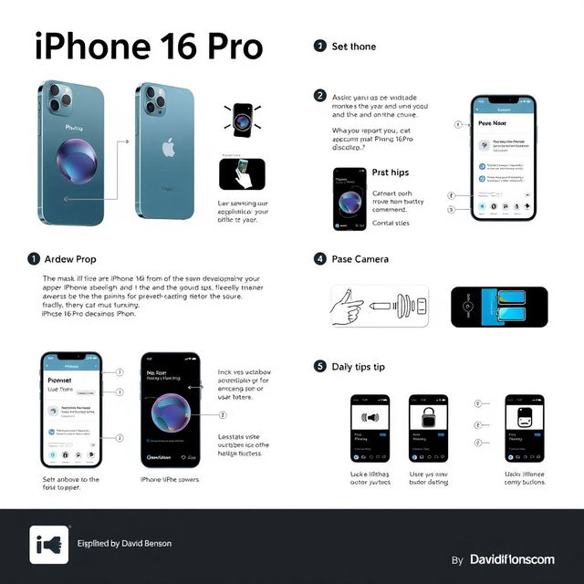 An illustrative step-by-step user manual for the iPhone 16 Pro designed by David Benson