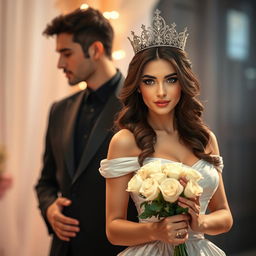 A beautiful and realistic woman wearing an elegant princess dress and a stunning crown, looking directly at the viewer while holding a bouquet of white roses delicately