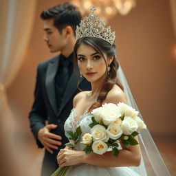 A beautiful and realistic woman wearing an elegant princess dress and a stunning crown, looking directly at the viewer while holding a bouquet of white roses delicately