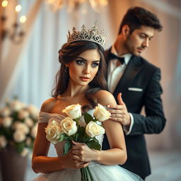 A beautiful and realistic woman wearing an elegant princess dress and a stunning crown, looking directly at the viewer while holding a bouquet of white roses delicately