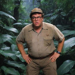 Intensify the suspense by detailing a sudden movement in the dense jungle foliage behind Dennis Nedry, who turns around in shock. His wide-eyed surprise underlines the unpredictable danger lurking around every corner of Jurassic Park on Isla Nublar.