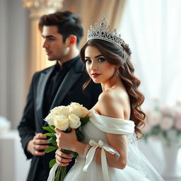 A beautiful and realistic woman wearing an elegant princess dress and a stunning crown, looking directly at the viewer while holding a bouquet of white roses delicately