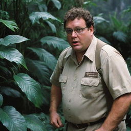 Intensify the suspense by detailing a sudden movement in the dense jungle foliage behind Dennis Nedry, who turns around in shock. His wide-eyed surprise underlines the unpredictable danger lurking around every corner of Jurassic Park on Isla Nublar.