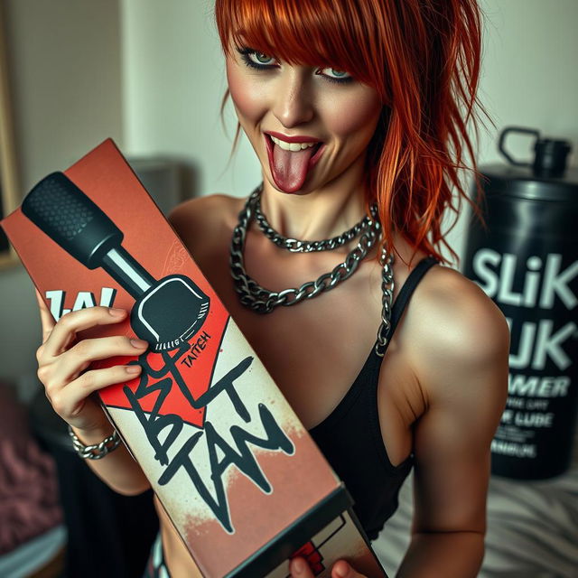 A close-up shot of a sexy female redhead with a large chest and visible cleavage, wearing a tank top adorned with punk chains