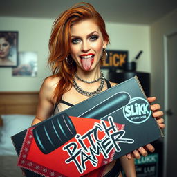 A close-up shot of a sexy female redhead with a large chest and visible cleavage, wearing a tank top adorned with punk chains