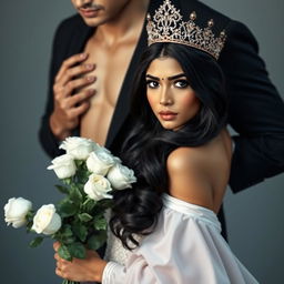 A beautiful and realistic woman with long black hair and Indian features, wearing an elegant crown and a stunning princess dress