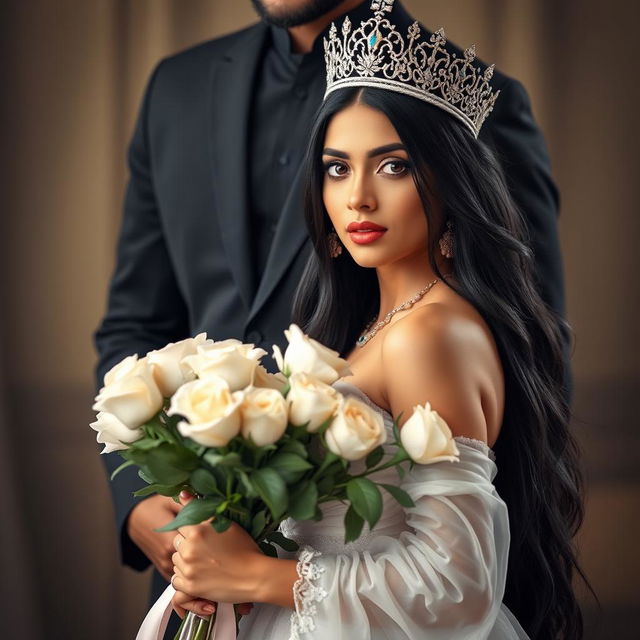 A beautiful and realistic woman with long black hair and Indian features, wearing an elegant crown and a stunning princess dress