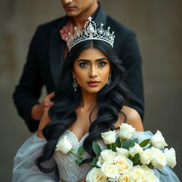 A beautiful and realistic woman with long black hair and Indian features, wearing an elegant crown and a stunning princess dress