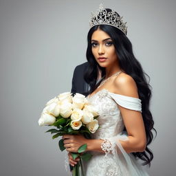 A beautiful and realistic woman with long black hair and Indian features, wearing an elegant crown and a stunning princess dress