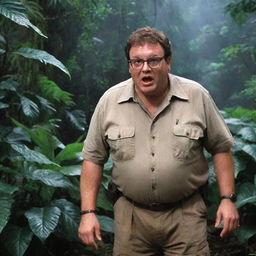 Intensify the suspense by detailing a sudden movement in the dense jungle foliage behind Dennis Nedry, who turns around in shock. His wide-eyed surprise underlines the unpredictable danger lurking around every corner of Jurassic Park on Isla Nublar.