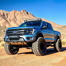 A blue silver Ford Expedition off-road truck with a rally kit, featuring oversized 33-inch tires, robust suspension, and aggressive styling