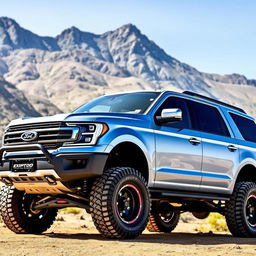 A blue silver Ford Expedition off-road truck with a rally kit, featuring oversized 33-inch tires, robust suspension, and aggressive styling